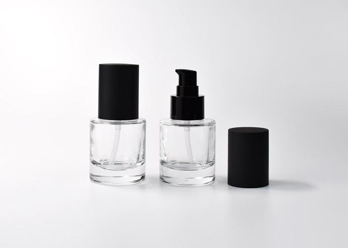 30ml low profile glass cosmetic bottle with pump as skincare and makeup packaging