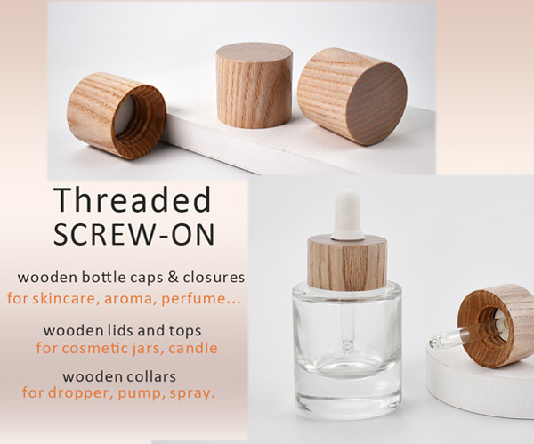 threaded screw wooden bottle cap and dropper cap for beauty