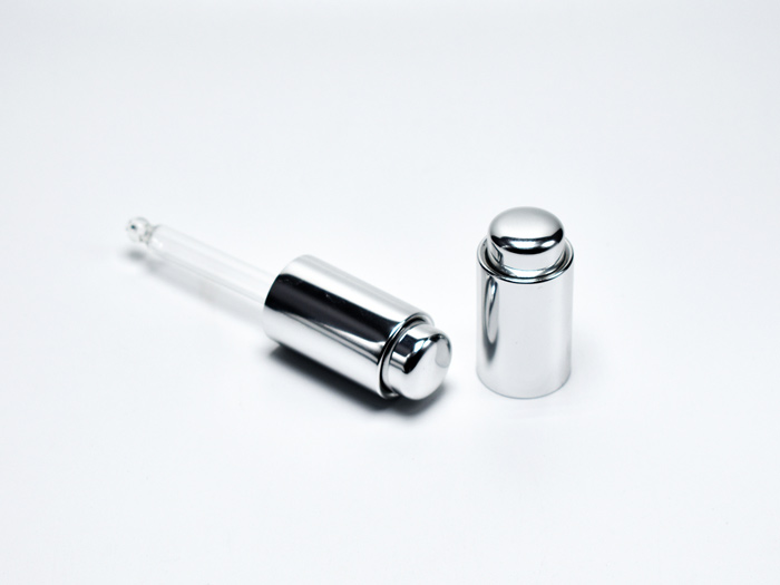 Aluminum press top dropper cap with double-wall cap, press button, and glass tube, customizable and available for wholesale.