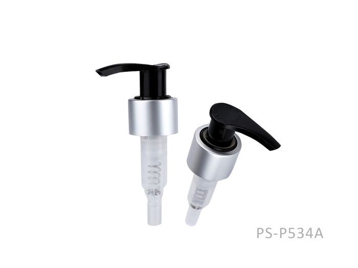Plastic left-right lotion pump with aluminum collar, featuring a smooth pumping mechanism and wide compatibility for beauty, skincare, and personal care products