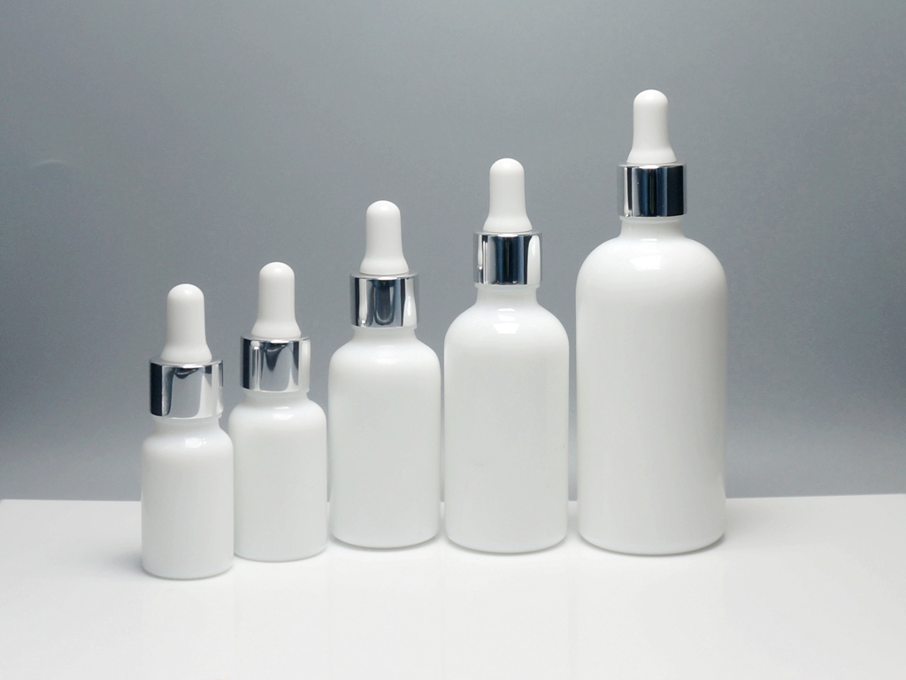 opaque white, porcelain white glass bottles with dropper for skin essence oils, hair oils, argan oils packaging