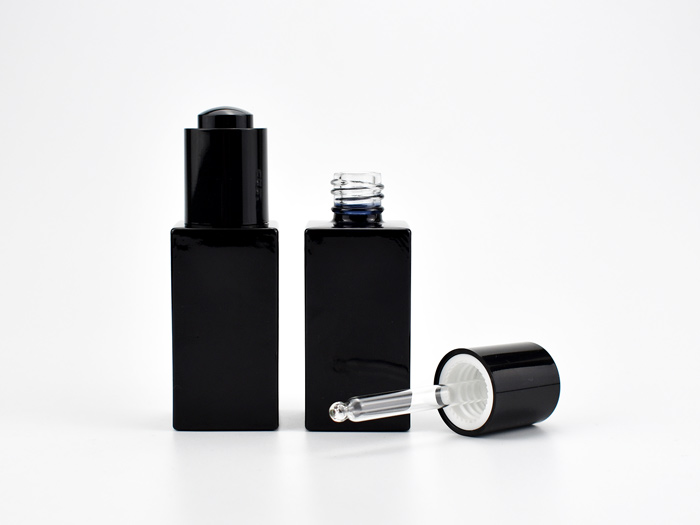 30ml square glass cosmetic bottle with push button dropper