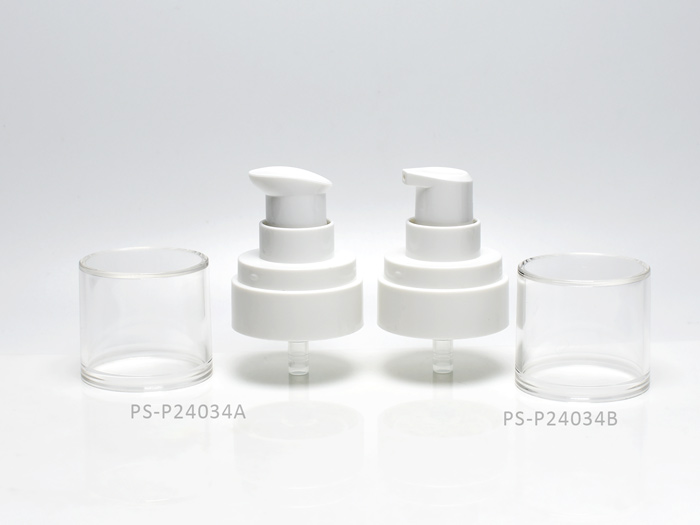 White plastic treatment pump with full overcap, perfect for dispensing cosmetics and skincare formulations; straight-sided design, customizable options, and bulk wholesale availability.