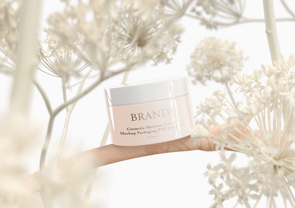 a cosmetic jar on the tree for advertising