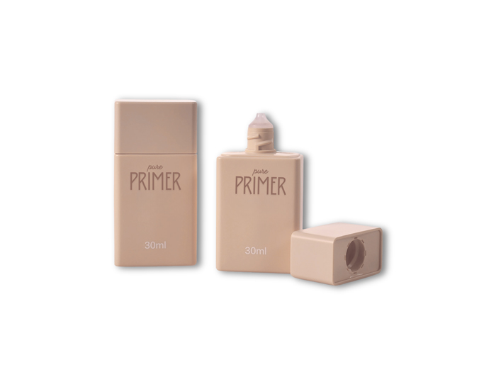 BP-PE-F030 Empty Rectangular HDPE Squeeze Bottle Wholesale & Custom For Primer & Foundation 30ml (1) A sleek rectangular HDPE squeeze bottle with a matte soft-touch finish, featuring a black PP cap for cosmetics.