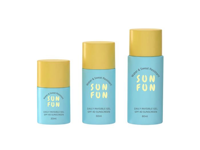 Three blue oval sunscreen bottles with yellow caps in 30ml, 50ml, and 80ml sizes for cosmetic packaging.