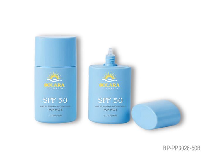 50ml oval empty sunscreen bottles with soft-touch finish and PP cap in blue, sleek design with soft touch surface, available for wholesale and custom