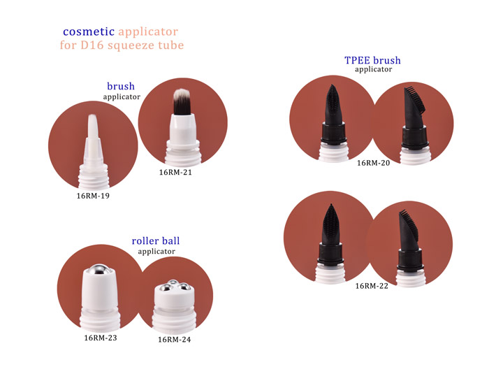 cosmetic applicators for squeezable tube - brush tip, brow brush and roller ball for optional