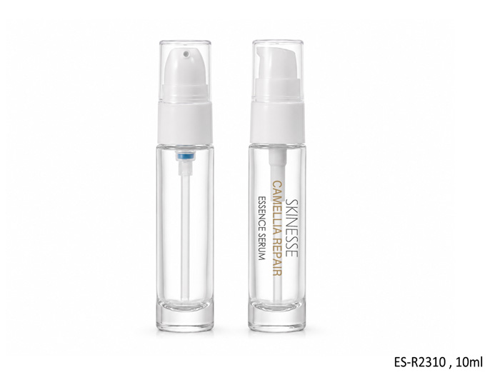 empty 10ml clear thick-wall glass bottle with white pump as cosmetic packaging