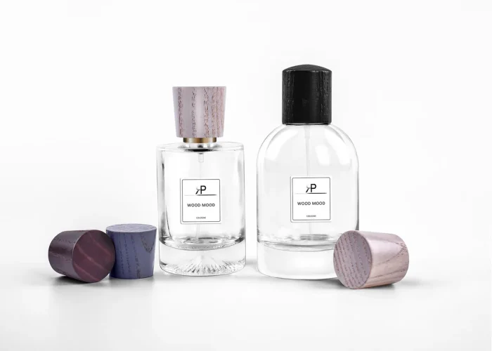 custom glass perfume bottle with wooden cap closure