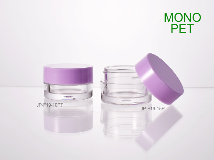 round clear mono PET lip balm jars with purple lids at 10ml & 15ml, as eco-friendly containers for cosmetics for wholesale